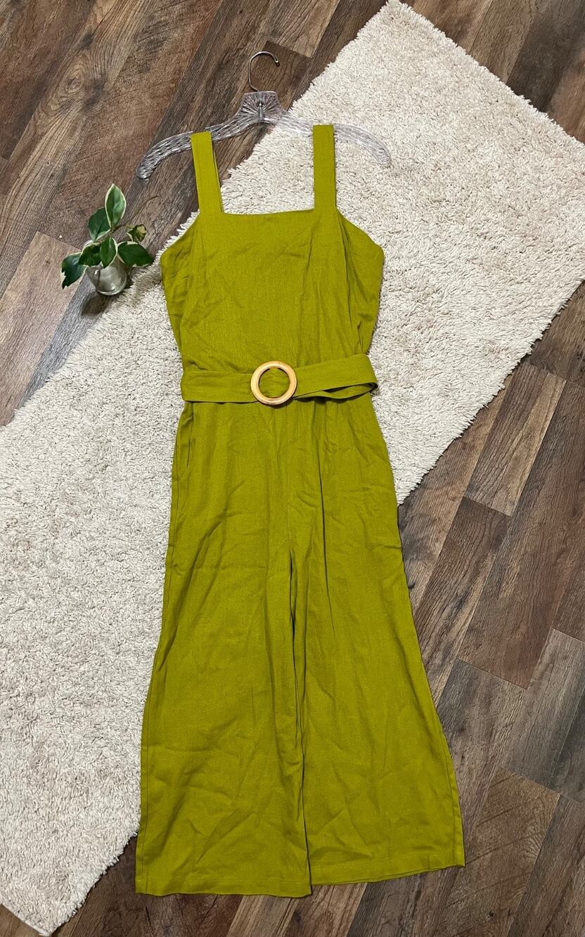 Monteau Small Green Square Neck Linen Belted Cropped Wide Leg Jumpsuit NWOT